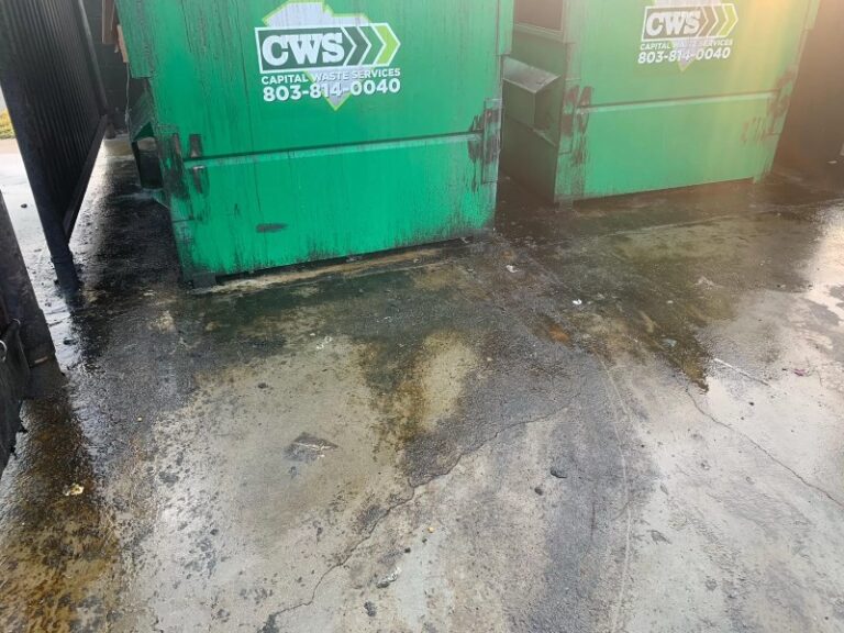 Picture of a dirty dumpster area and dirty 8 yard trash dumpsters.
